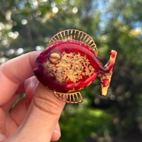 VTG MATISSE Copper Enamel Red FISH BROOCH - Picture 1 of 7